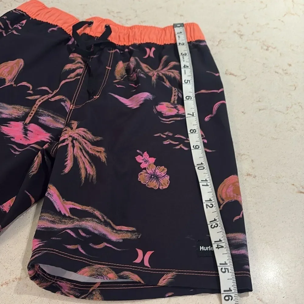 Hurley Black and Pink Board Shorts Tropical Design SZ 10/12 Neon orange and pink